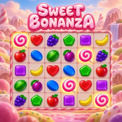 Sweet Bonanza logosu altında, oyun alanında parlayan dört lolipop
