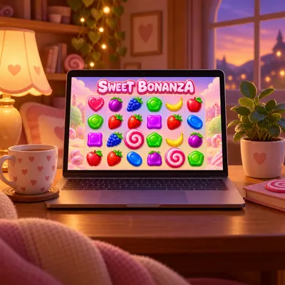 Akşam ışığında bir masada, ekranında Sweet Bonanza logosu ve oyun alanı açık bir dizüstü bilgisayar