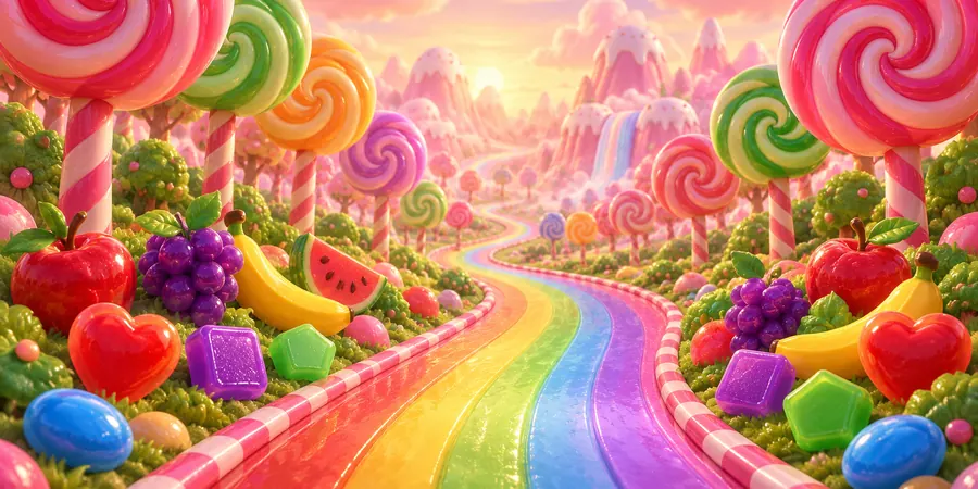 Lolipop ağaçlarının arasından uzaklara uzanan gökkuşağı renkli bir yol