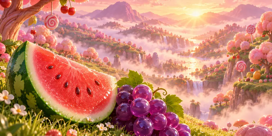 Gün doğarken pembe sisle kaplı, şeker ağaçlarıyla dolu bir vadi