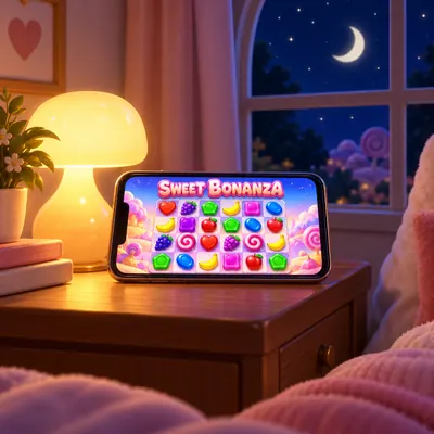 Gece lambasının yanında, ekranında Sweet Bonanza logosu açık bir telefon
